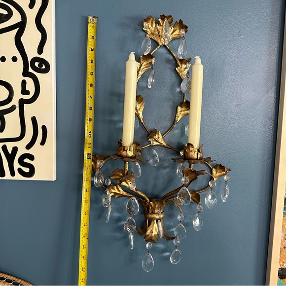 French Empire Style Gilt Metal 2 Candle Wall Sconce with Crystal Teardrops - Picture 3 of 11